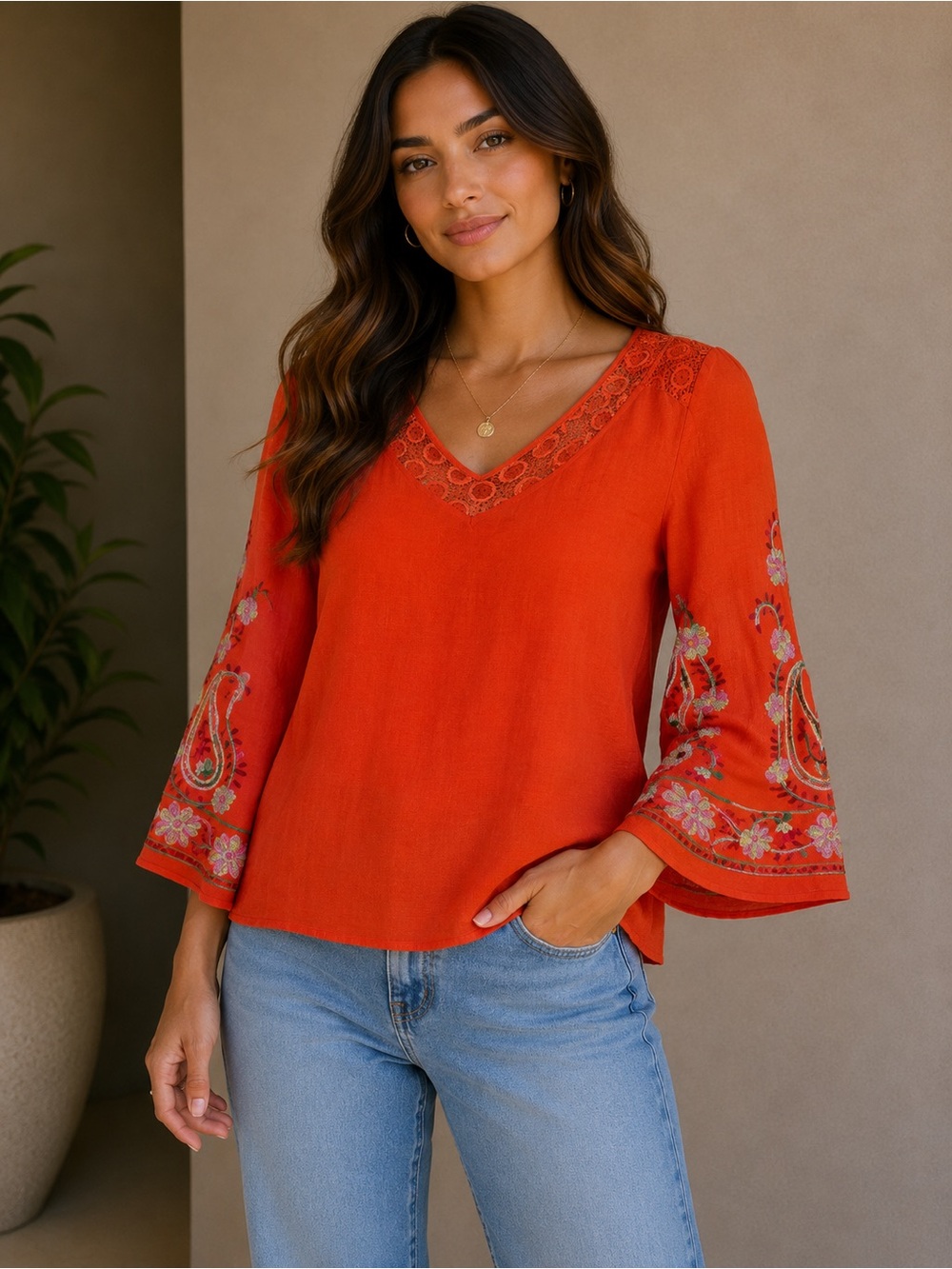 Fig & Flower Embroidered Bell Sleeve Boho Blouse Orange Red Size Medium